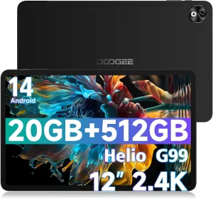 DOOGEE T40 PRO 12 Inch Android 14 Tablet,2.4K Gaming Tablet with Helio G99,20GB RAM 512GB ROM (2TB TF), 7.6mm Slim Tablets, 10800mAh,Dual SIM 4G,2.4G&5G WiFi/Face Unlock/BT5.0/GPS/OTG, Black