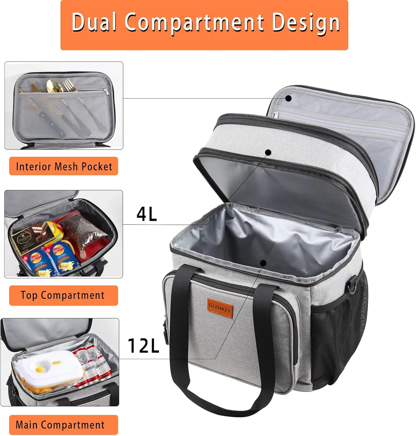 Double Deck Large Lunch Box, Insulated Heavy Duty Lunch Bag Waterproof Leakproof Durable Cooler Bag for Men Women Adults Work Picnic Camping Daytrip,16L,Grey, GLENKEY