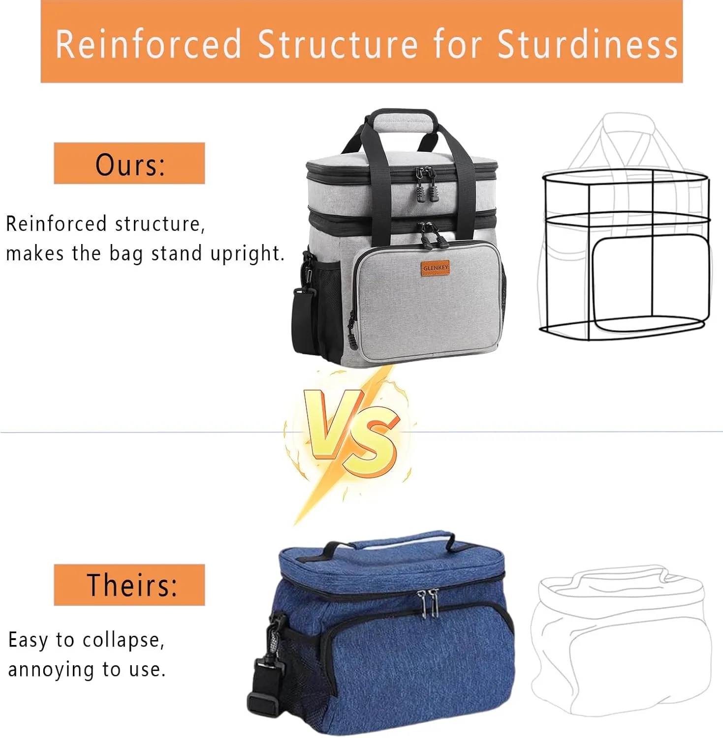 Double Deck Large Lunch Box, Insulated Heavy Duty Lunch Bag Waterproof Leakproof Durable Cooler Bag for Men Women Adults Work Picnic Camping Daytrip,16L,Grey, GLENKEY