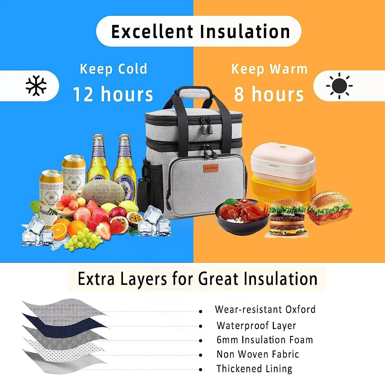 Double Deck Large Lunch Box, Insulated Heavy Duty Lunch Bag Waterproof Leakproof Durable Cooler Bag for Men Women Adults Work Picnic Camping Daytrip,16L,Grey, GLENKEY