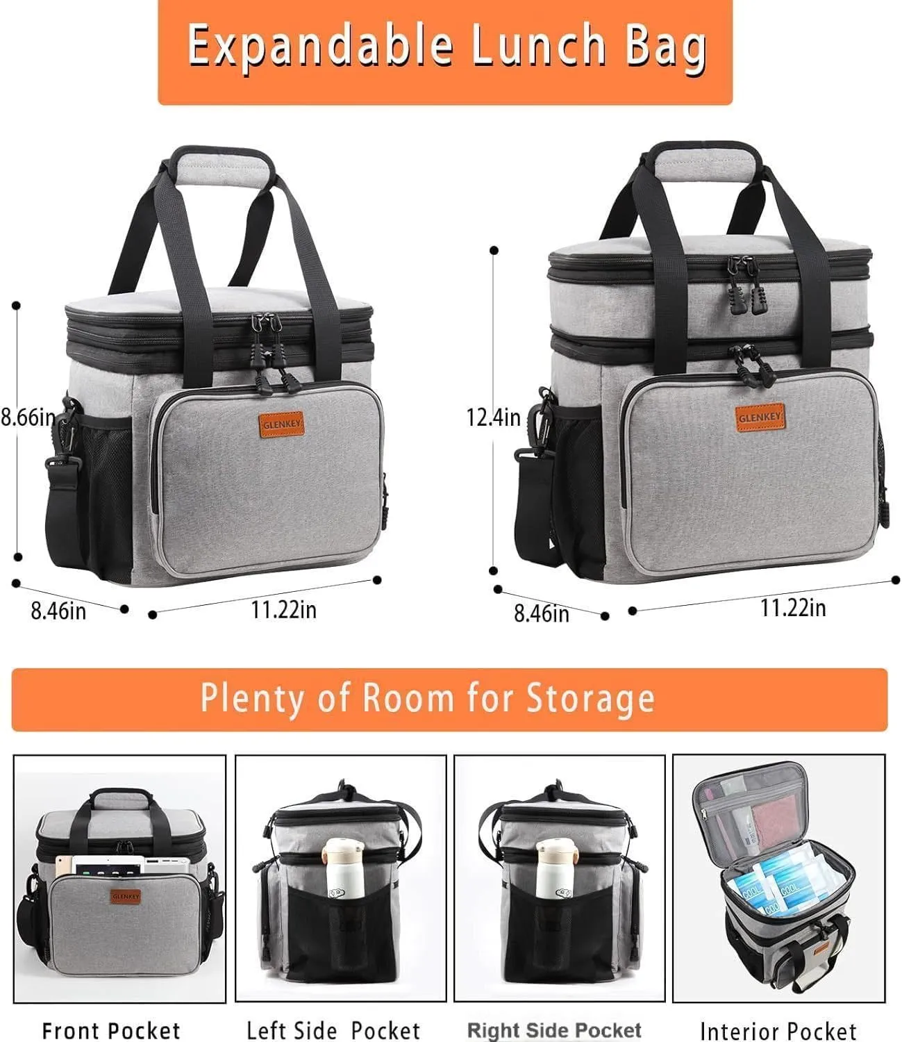 Double Deck Large Lunch Box, Insulated Heavy Duty Lunch Bag Waterproof Leakproof Durable Cooler Bag for Men Women Adults Work Picnic Camping Daytrip,16L,Grey, GLENKEY
