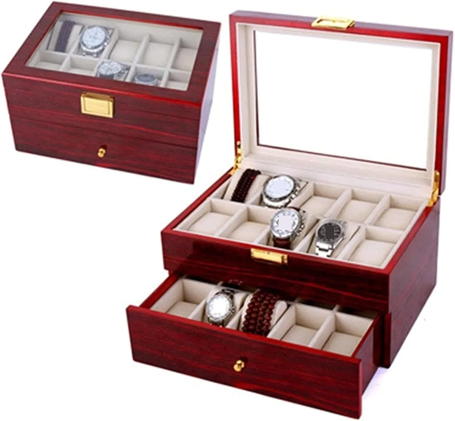 Double Layered Wood With 20 Slots,Watch Organizer Box,Bracelet Display Holder,Luxury Sturdy Jewelry Box, Watch Cases For Men Women