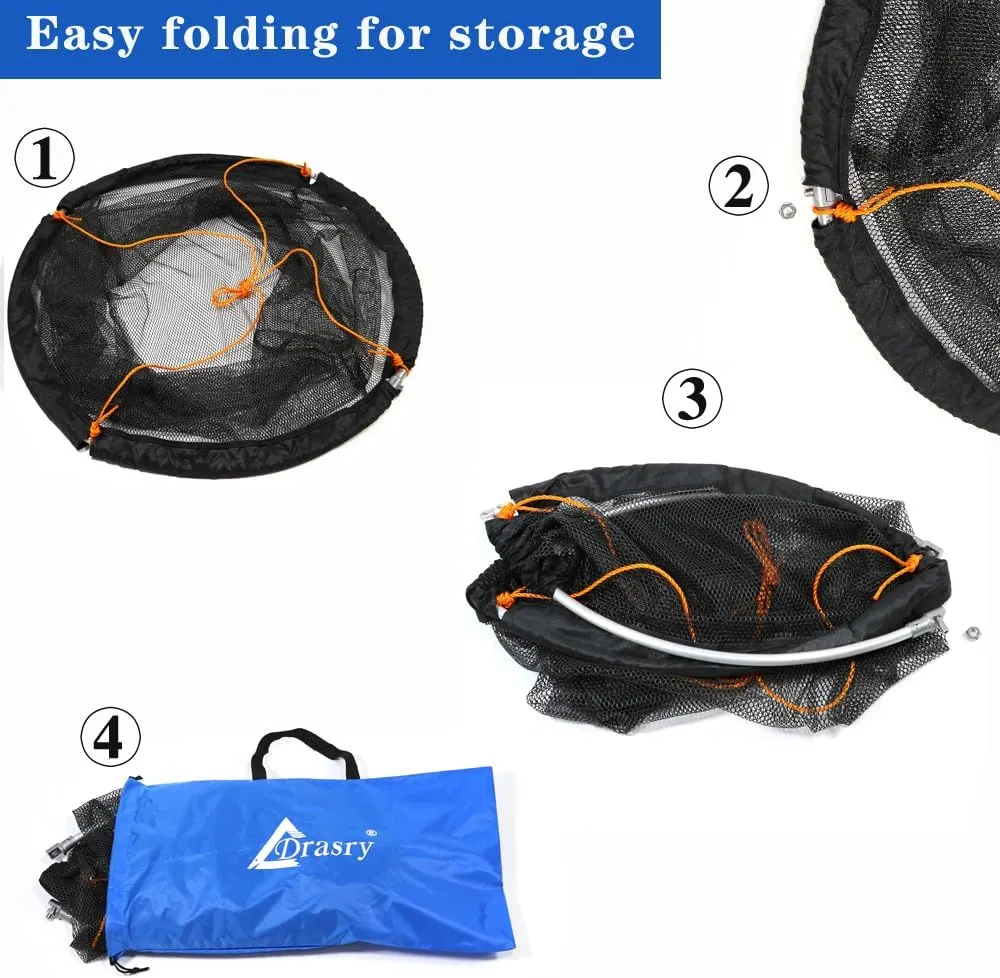 Drasry Foldable Bridge and Pier Fishing Landing Net - High Load-Bearing Aluminum Ring Drop Net for Saltwater Freshwater - Collapsible Basket With 49.2 FT Rope