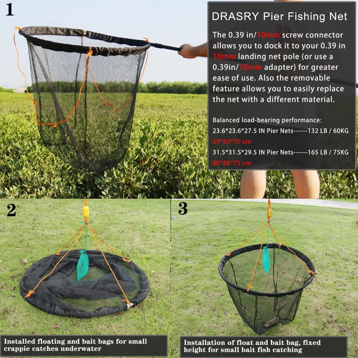 Drasry Foldable Bridge and Pier Fishing Landing Net - High Load-Bearing Aluminum Ring Drop Net for Saltwater Freshwater - Collapsible Basket With 49.2 FT Rope