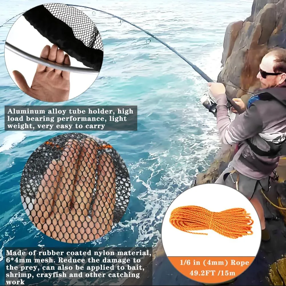 Drasry Foldable Bridge and Pier Fishing Landing Net - High Load-Bearing Aluminum Ring Drop Net for Saltwater Freshwater - Collapsible Basket With 49.2 FT Rope