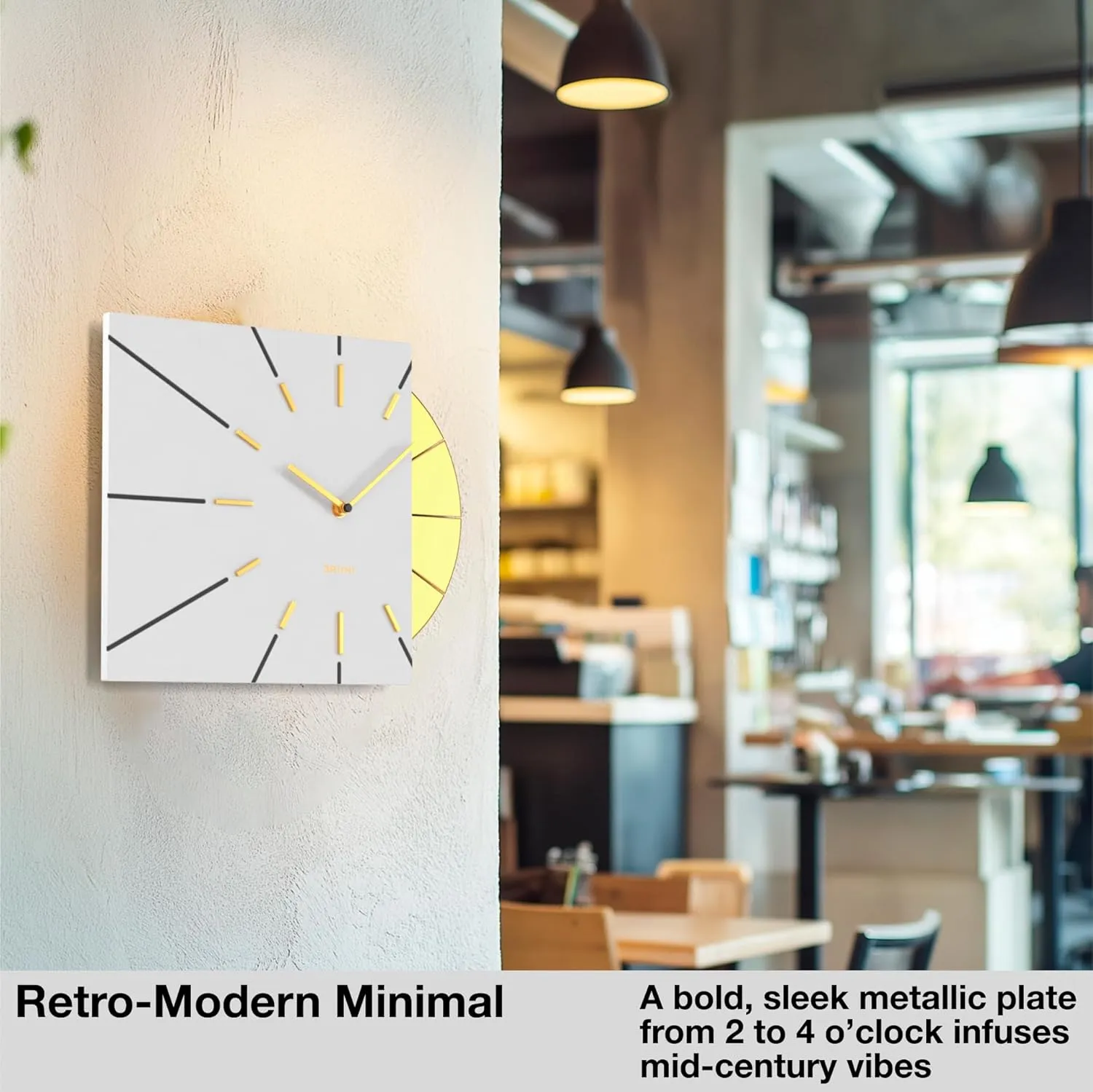 Driini Clocks Mid Century Modern Wall Clock - Square White Clock with Decorative Gold Accent- Unique and Cool Clock, Battery Operated - MCM Decor & Decorative Wall Clock for Mid Century Modern Decor.