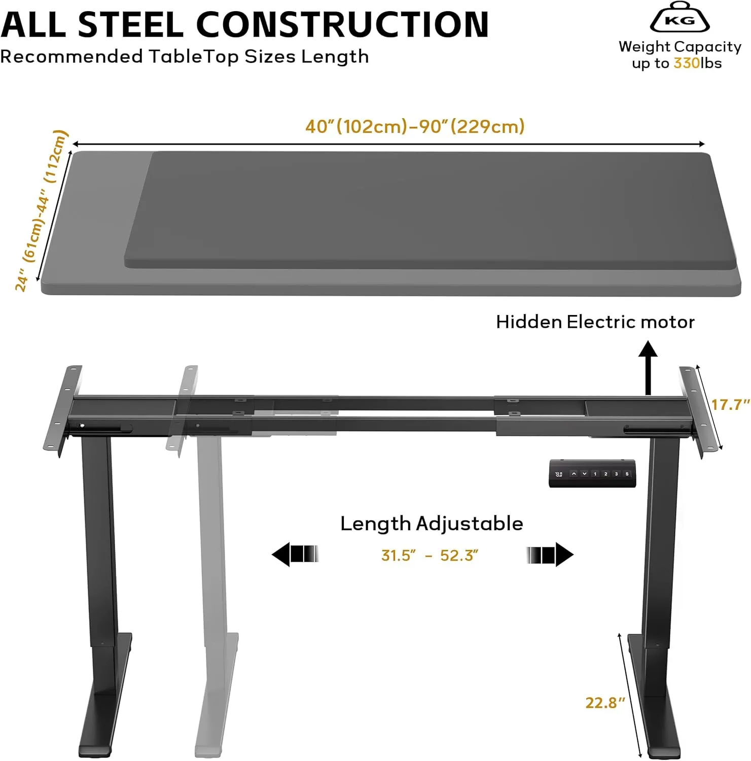 Dual Motor Electric Standing Desk Frame for 40 to 90" Table Tops, 330lbs Weight Capacity,Ergonomic Standing Height Adjustable Base with Memory Controller,Black Frame Only