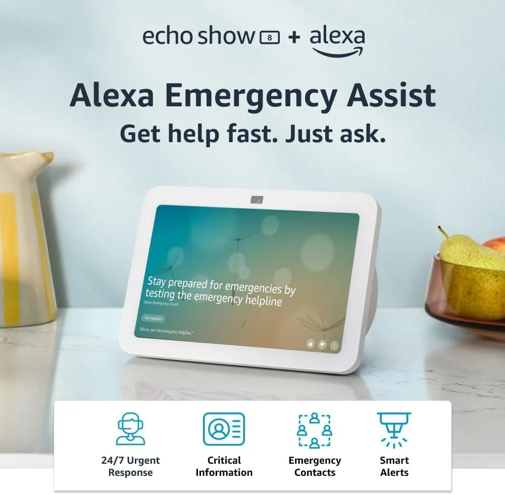 Echo Show 8 (3rd Gen, 2023 release)   Alexa Emergency Assist Monthly (auto-renewal) | With Spatial Audio and Smart Home Hub | Glacier White