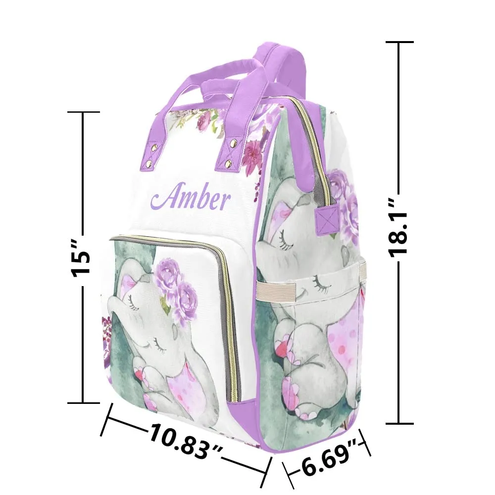 Elephant Purple Flower Diaper Bags Backpack Personalized Baby Nursing Nappy Travel Tote Bag Gifts for Mom Girl