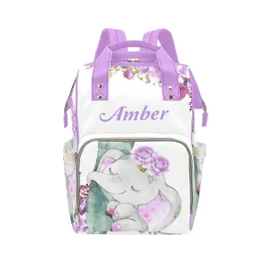 Elephant Purple Flower Diaper Bags Backpack Personalized Baby Nursing Nappy Travel Tote Bag Gifts for Mom Girl