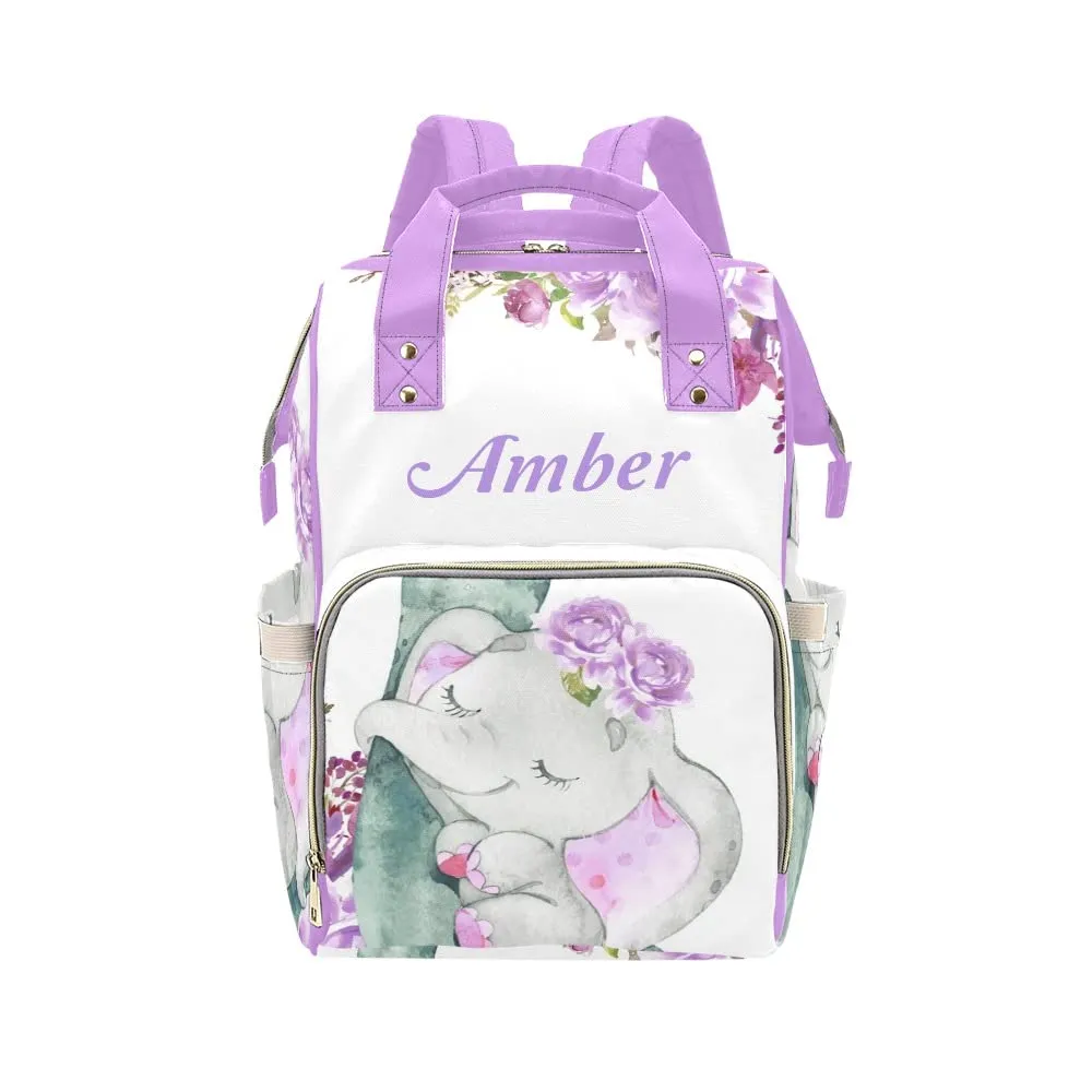 Elephant Purple Flower Diaper Bags Backpack Personalized Baby Nursing Nappy Travel Tote Bag Gifts for Mom Girl