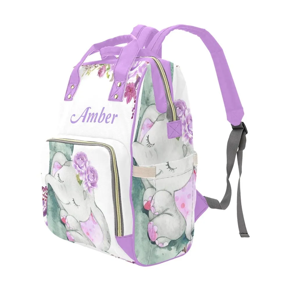 Elephant Purple Flower Diaper Bags Backpack Personalized Baby Nursing Nappy Travel Tote Bag Gifts for Mom Girl
