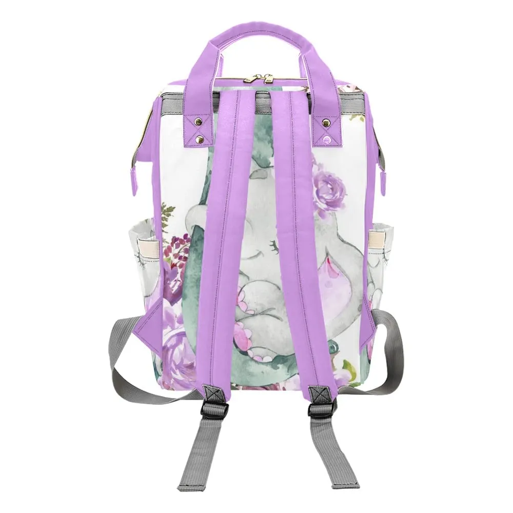 Elephant Purple Flower Diaper Bags Backpack Personalized Baby Nursing Nappy Travel Tote Bag Gifts for Mom Girl