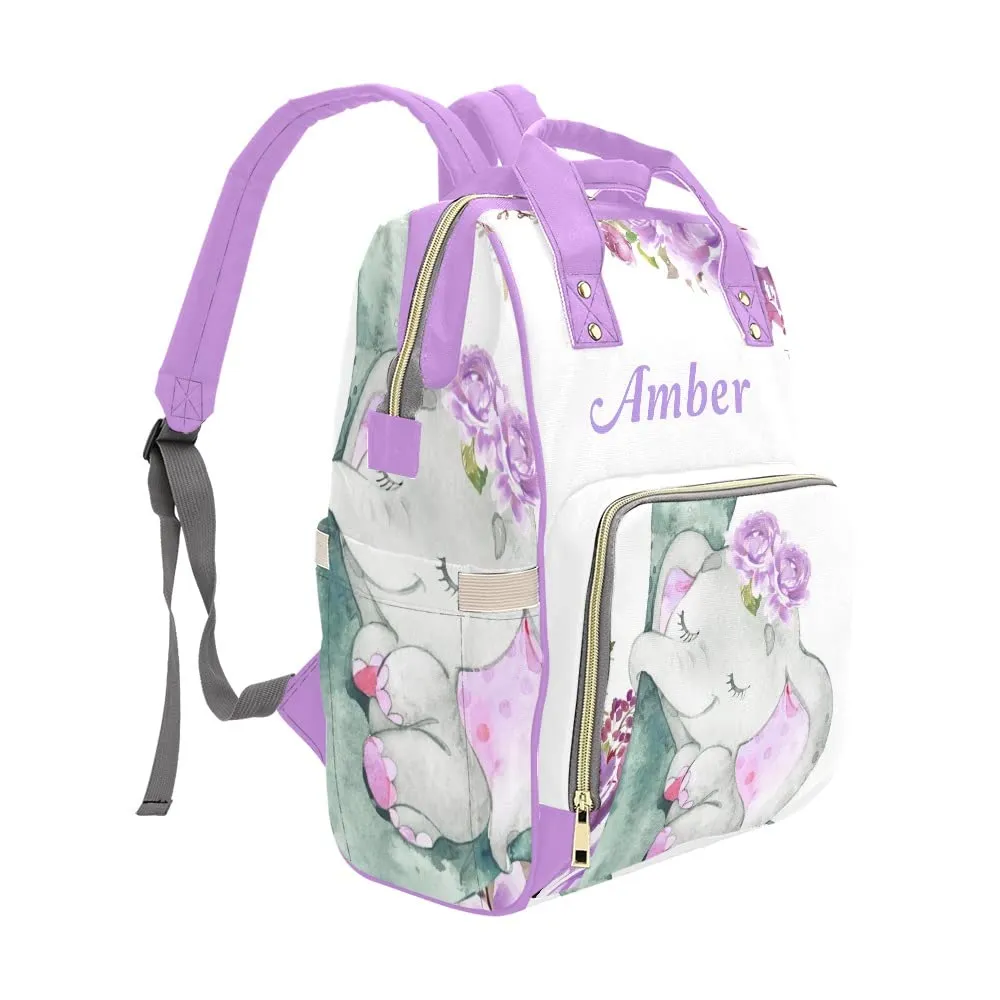 Elephant Purple Flower Diaper Bags Backpack Personalized Baby Nursing Nappy Travel Tote Bag Gifts for Mom Girl