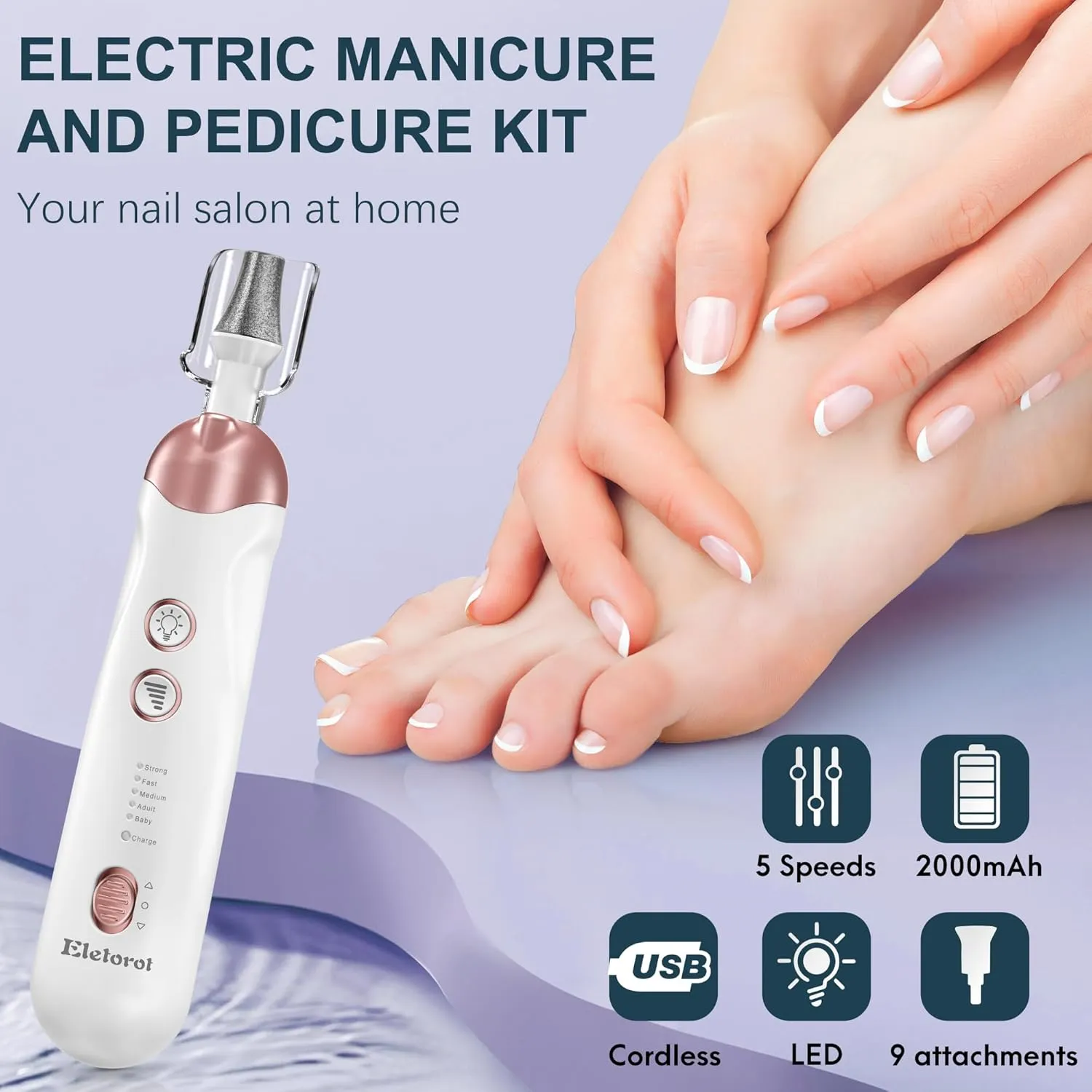 Eletorot Electric Nail File Set, 8 in 1 Professional Manicure and Pedicure Kit, Cordless Pedicure Tools for feet, 5 Speeds Electric Nail Drill Machine, Toe Nail Grinder Kit for Thick Nails