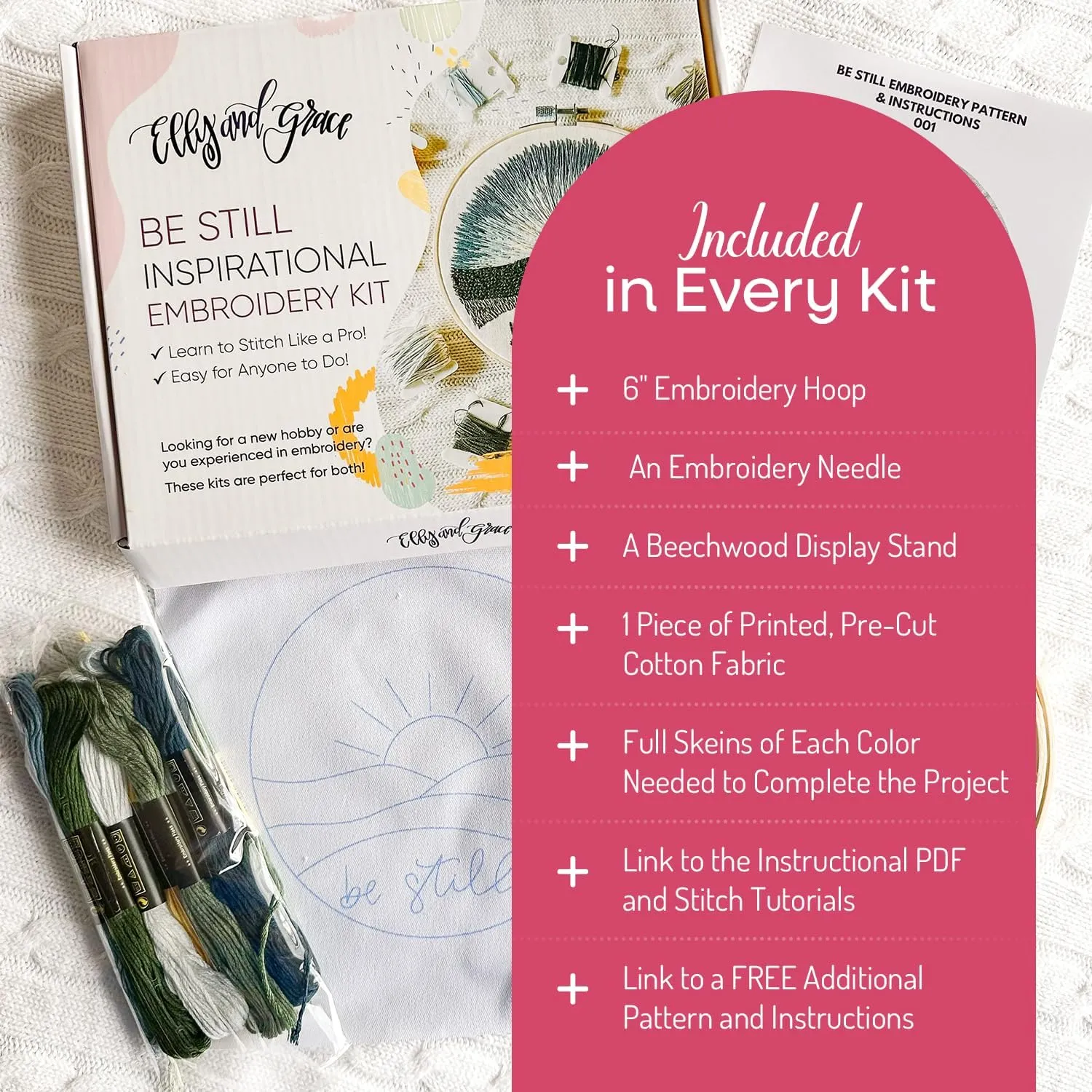 Elly & Grace Christian Embroidery Kit with Embroidery Hoop, Easy Embroidery Kit for Beginners and Adults, Full Embroidery Hoop Kit with Needles and Thread Included (Be Still)