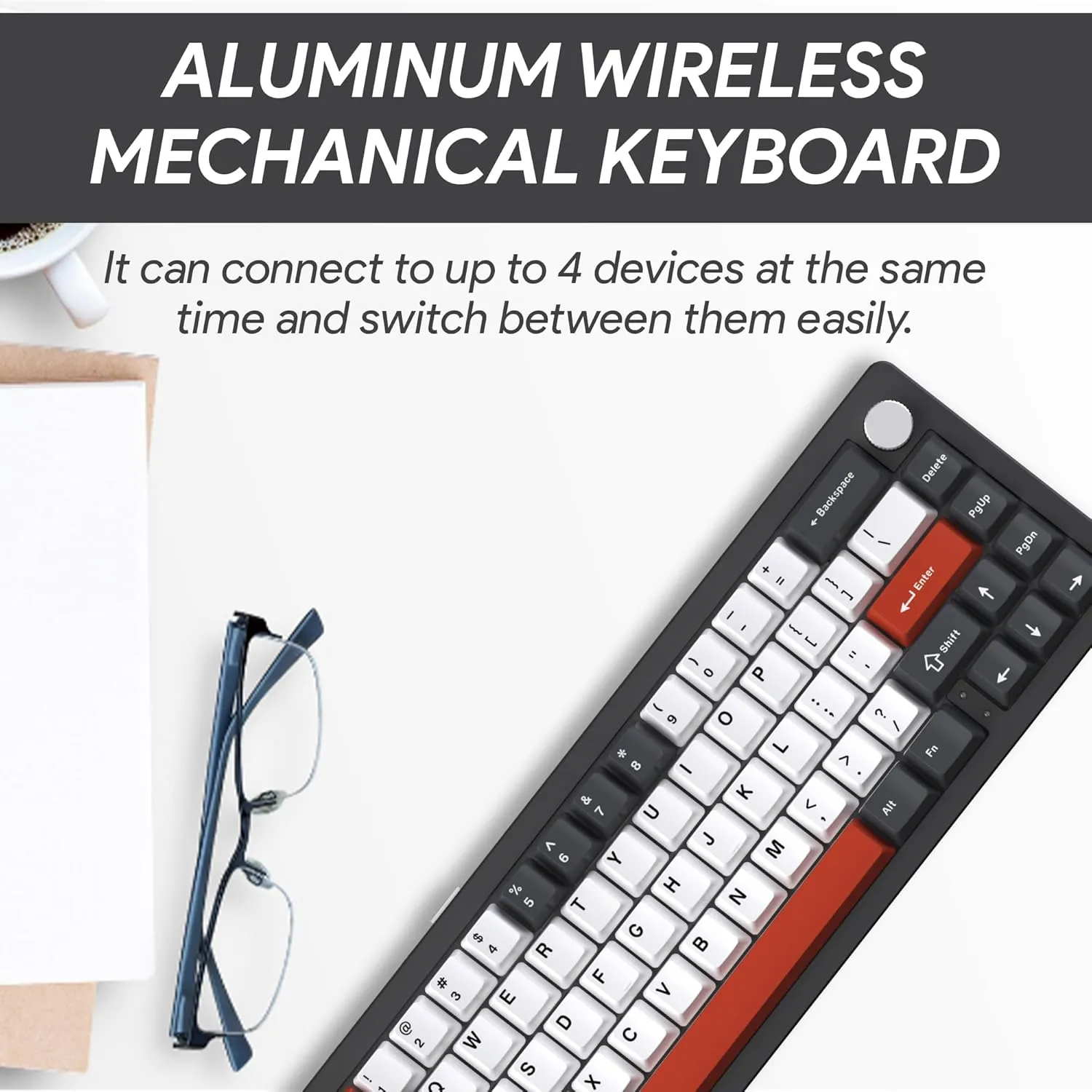 EMB Nabi Series NB1 65% Wireless Mechanical Gaming Keyboard, 66 Keys, CNC Aluminum, RGB, Hot-Swappable, 4600mAh, Milk Linear Switches, Wired/Bluetooth/2.4G (Black/Blue)