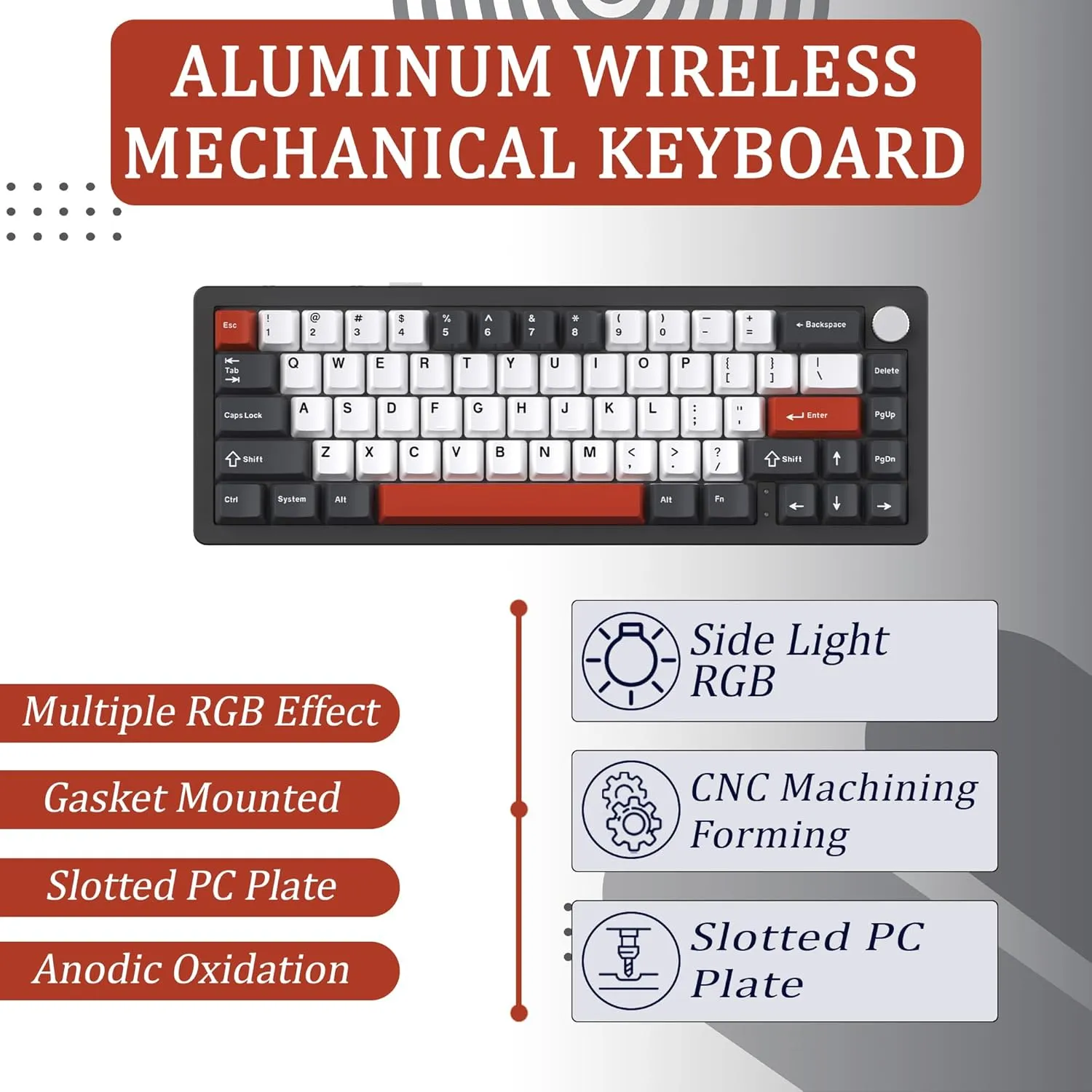 EMB Nabi Series NB1 65% Wireless Mechanical Gaming Keyboard, 66 Keys, CNC Aluminum, RGB, Hot-Swappable, 4600mAh, Milk Linear Switches, Wired/Bluetooth/2.4G (Black/Blue)