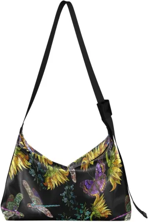 Embroidery Sunflowers Hobo Crossbody Bags for Women Leather Large Shoulder Bag Cross Body Butterflies and Dragonflies Trendy Womens Tote Bags Handbag for Travel Shopping