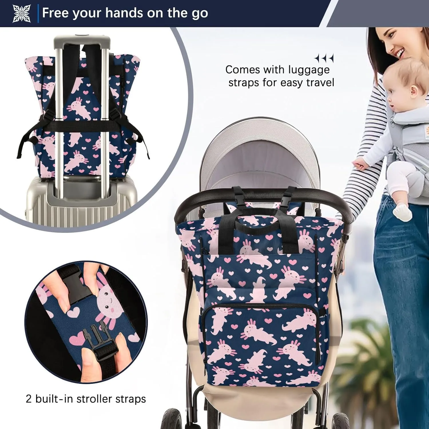 Emelivor Cute Cartoon Axolotl Diaper Bag Backpack Large Capacity Multifunction Baby Bag Backpack for Boy Girl Unisex Baby Women Travel