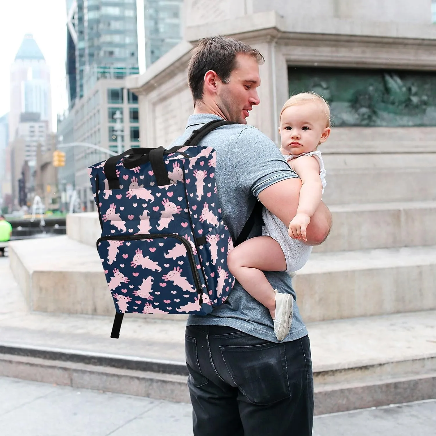 Emelivor Cute Cartoon Axolotl Diaper Bag Backpack Large Capacity Multifunction Baby Bag Backpack for Boy Girl Unisex Baby Women Travel