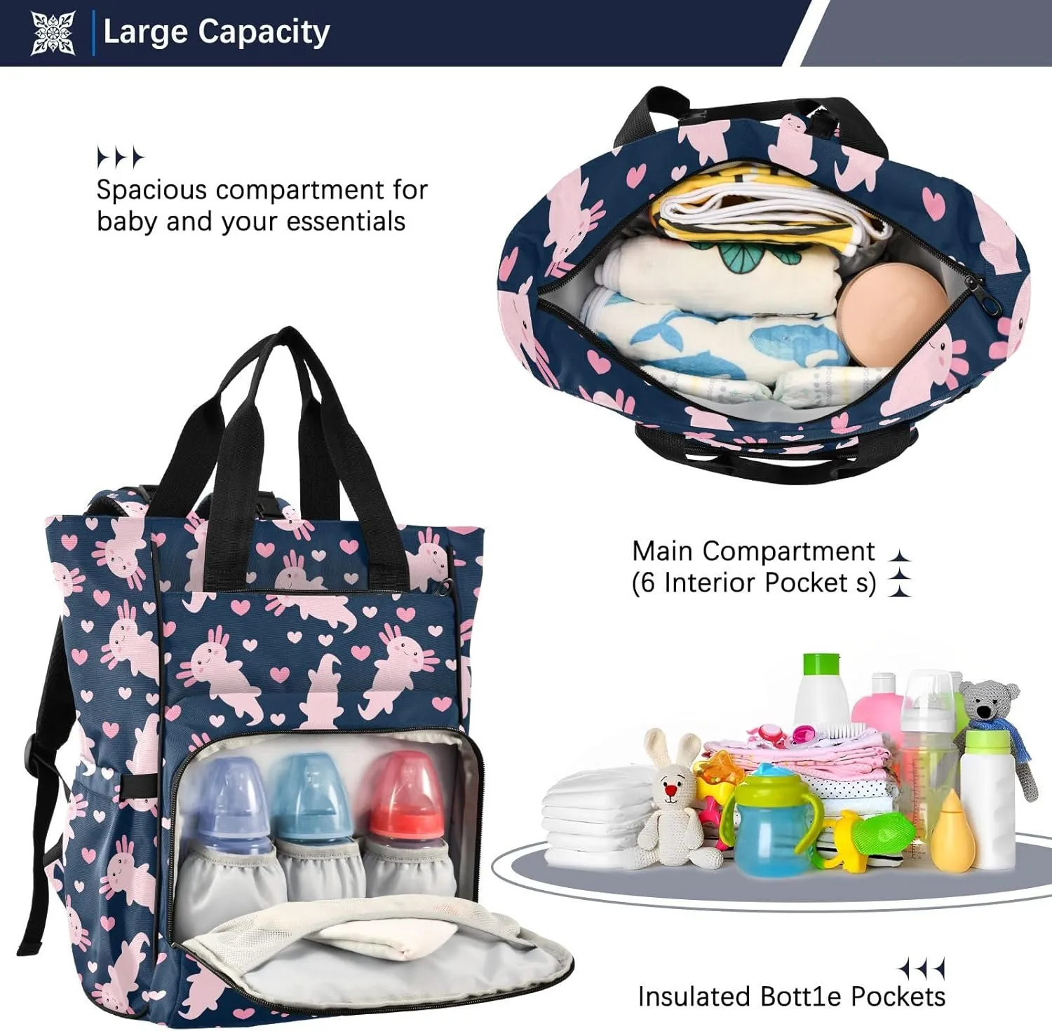 Emelivor Cute Cartoon Axolotl Diaper Bag Backpack Large Capacity Multifunction Baby Bag Backpack for Boy Girl Unisex Baby Women Travel
