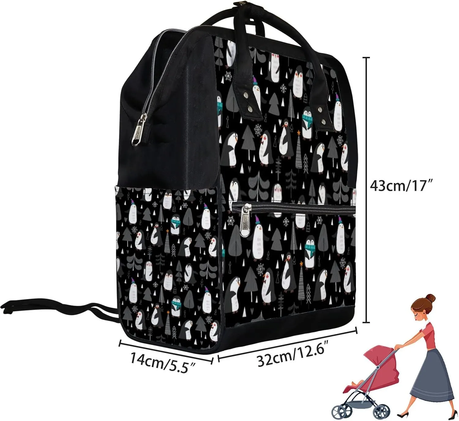 Enguin Standing Black Diaper Bag Backpack Waterproof Backpack Baby Nappy Changing Bag for Travel Large Capacity Durable and Stylish for Woman