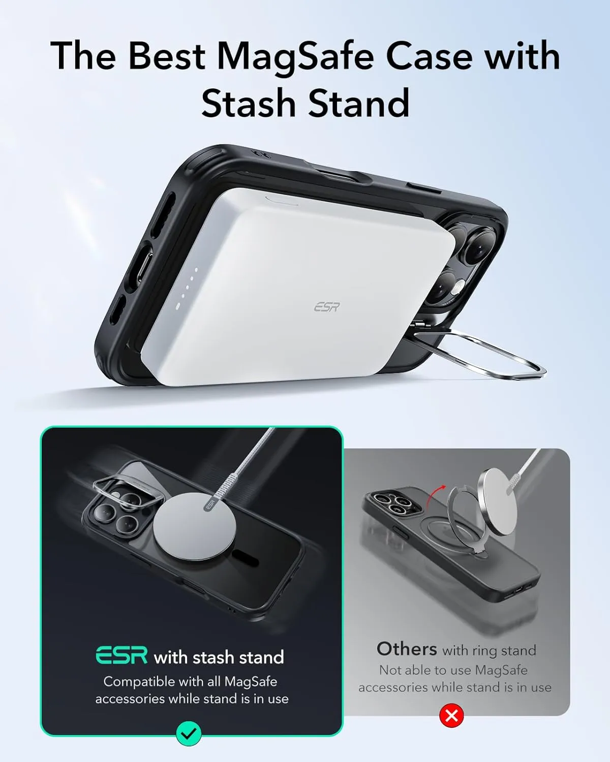 ESR for iPhone 16 Pro Case, Compatible with MagSafe, Military-Grade Protective Case, Built-in Stash Stand Phone Case, Supports Angles Up to 85°, Classic Series, Clear Black