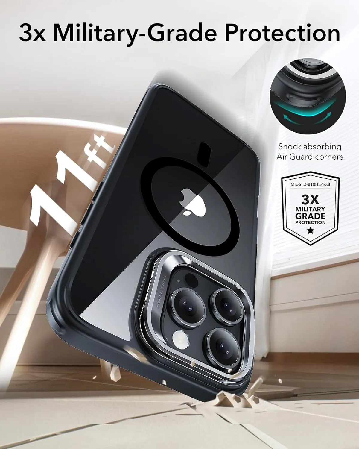 ESR for iPhone 16 Pro Case, Compatible with MagSafe, Military-Grade Protective Case, Built-in Stash Stand Phone Case, Supports Angles Up to 85°, Classic Series, Clear Black