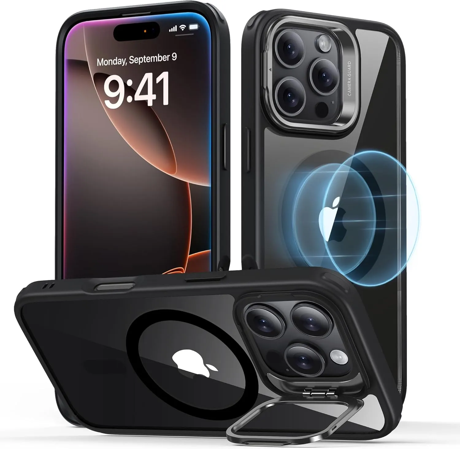 ESR for iPhone 16 Pro Case, Compatible with MagSafe, Military-Grade Protective Case, Built-in Stash Stand Phone Case, Supports Angles Up to 85°, Classic Series, Clear Black
