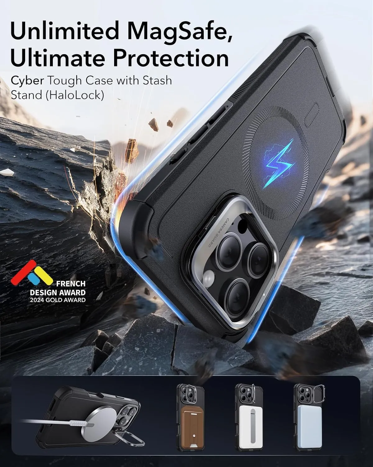 ESR for iPhone 16 Pro Case with Stand, 23FT Military-Grade Drop Protection, Heavy Duty Magnetic Phone Case, Compatible with MagSafe Accessories, Cyber Series, Black