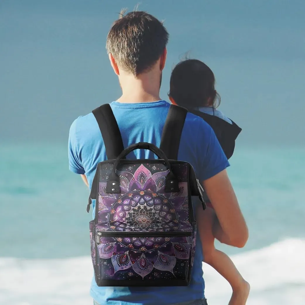 Ethnic Mandala Purple Flower Large Diaper Bag Backpack for Mom Dad Travel Casual Diaper Back Pack Tote Waterproof Nappy Changing Bags Baby Maternity Hospital Bag Shoulder Diaper Daypack for Women