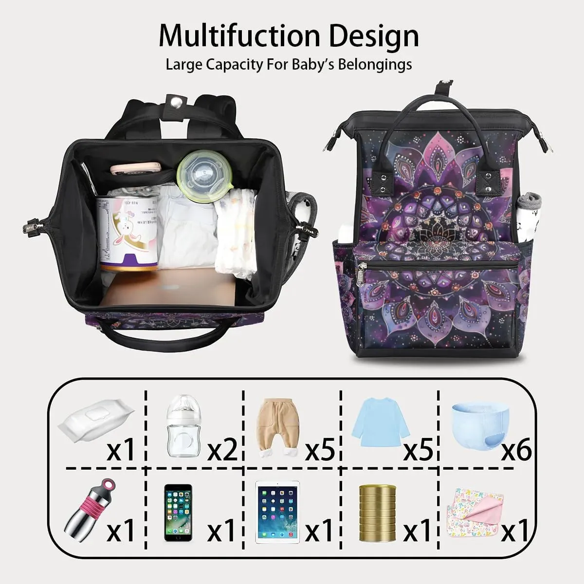 Ethnic Mandala Purple Flower Large Diaper Bag Backpack for Mom Dad Travel Casual Diaper Back Pack Tote Waterproof Nappy Changing Bags Baby Maternity Hospital Bag Shoulder Diaper Daypack for Women