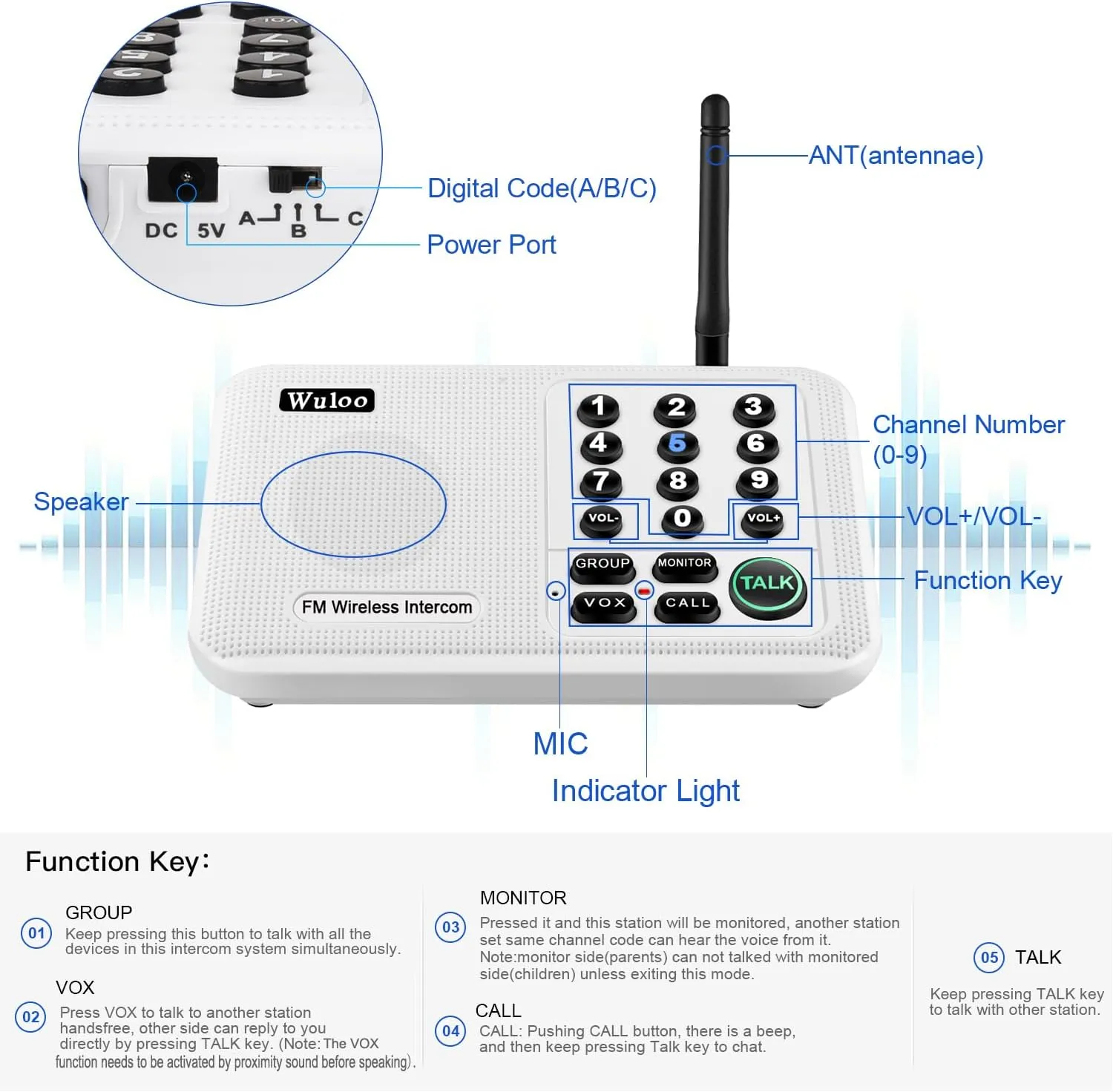 Expandable for Wuloo Intercoms Wireless for Home 5280ft Range 10 Channel 3 Code (Only 1 Unit for Expandable The Original intercom System, CAN NOT Work Without Other Units)