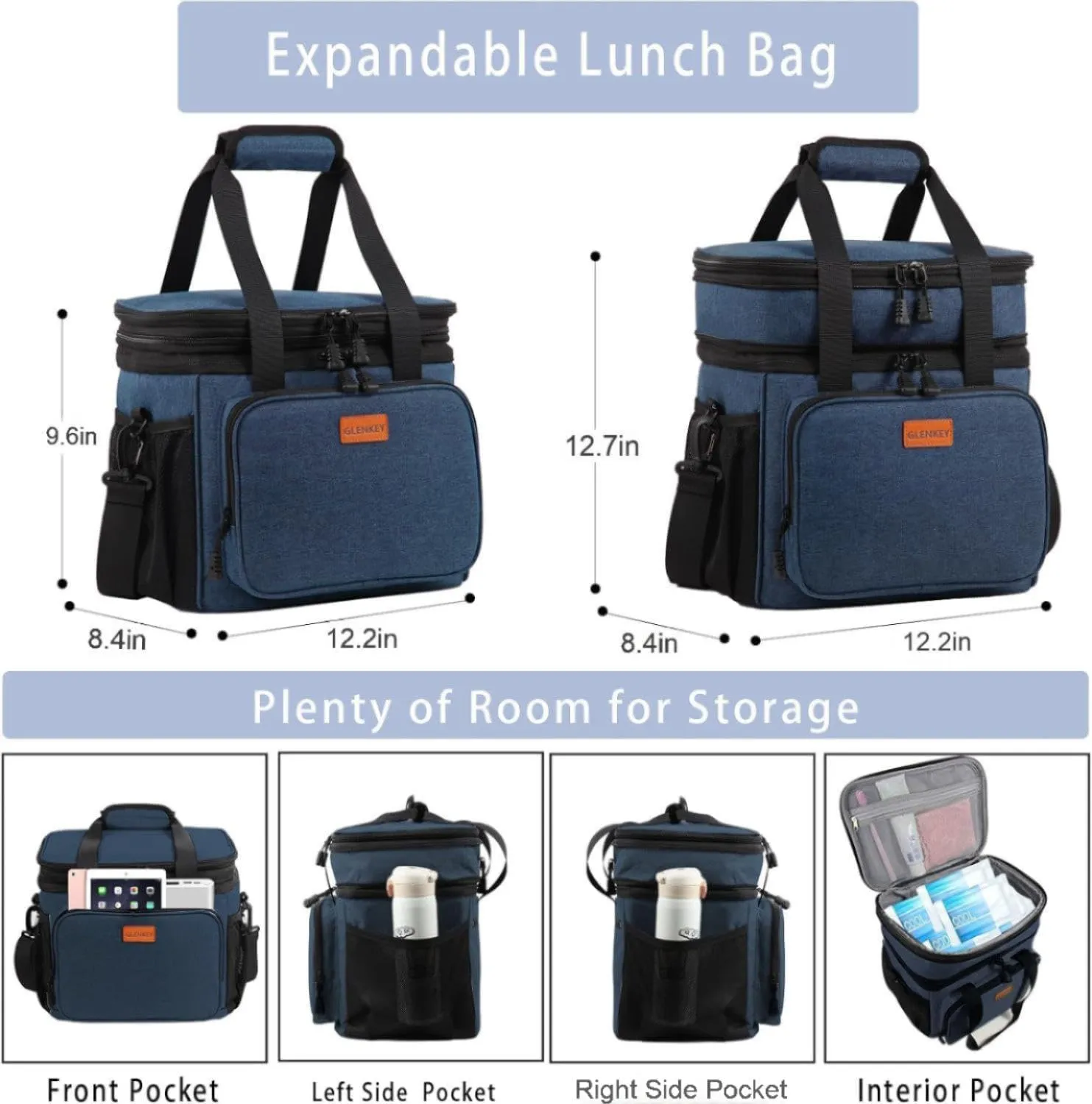 Expandable XLarge Lunch Box, Insulated Heavy Duty Lunch Bag Waterproof Leakproof Durable Cooler Bag for Men Women Adults Work Construction Camping Trip, 22L, Blue