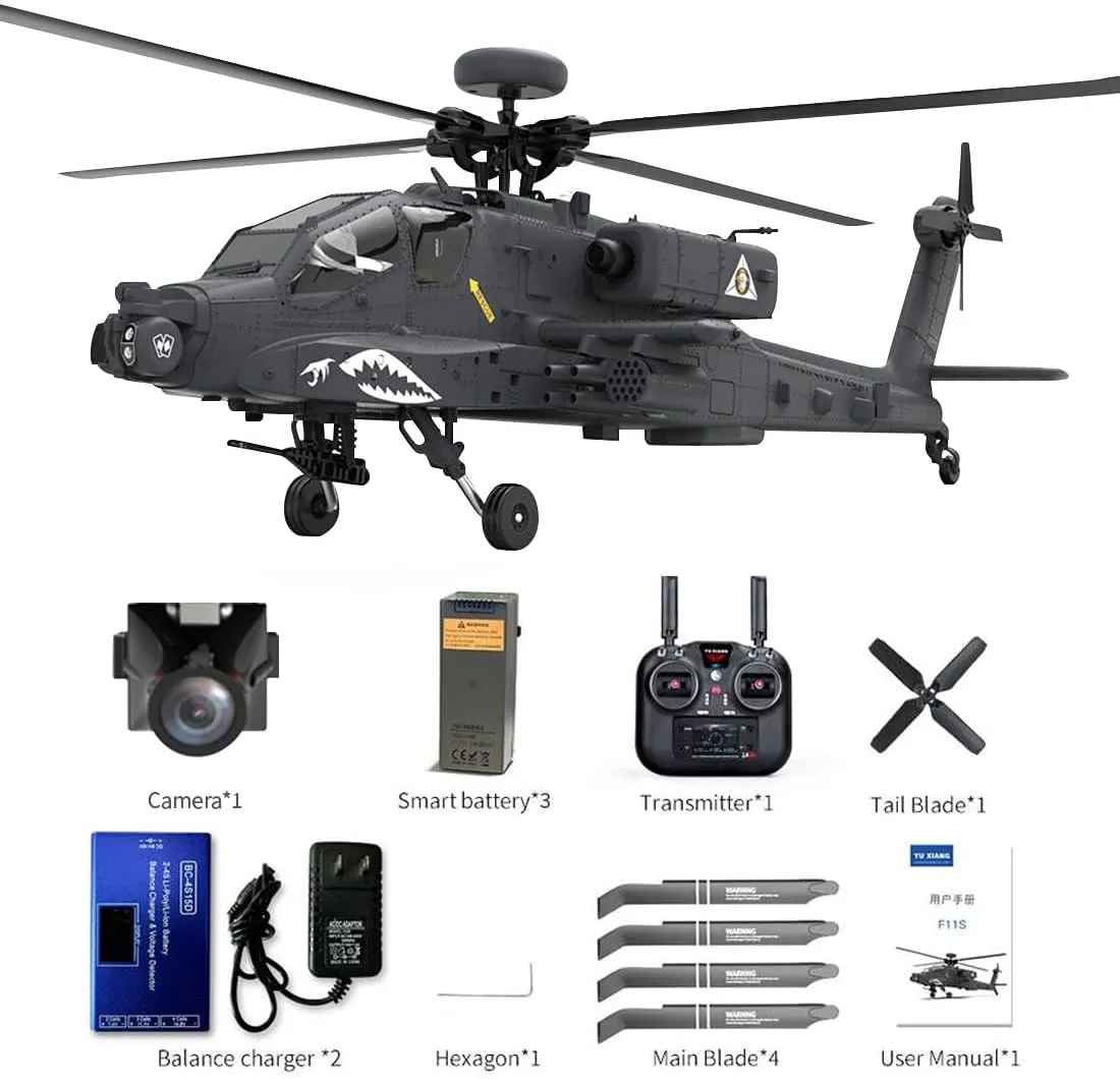 F11-S AH64 RC Helicopter for Adults, 1/32 Scale 2.4G 6CH Dual-axis Co-Drive Flybarless Stunt RC Military Helicopter with GPS Flight Control System and Camera (RTF GPS Smart Version)