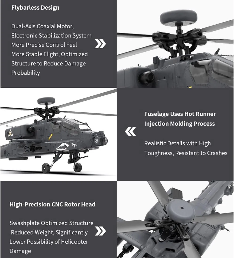 F11-S AH64 RC Helicopter for Adults, 1/32 Scale 2.4G 6CH Dual-axis Co-Drive Flybarless Stunt RC Military Helicopter with GPS Flight Control System and Camera (RTF GPS Smart Version)