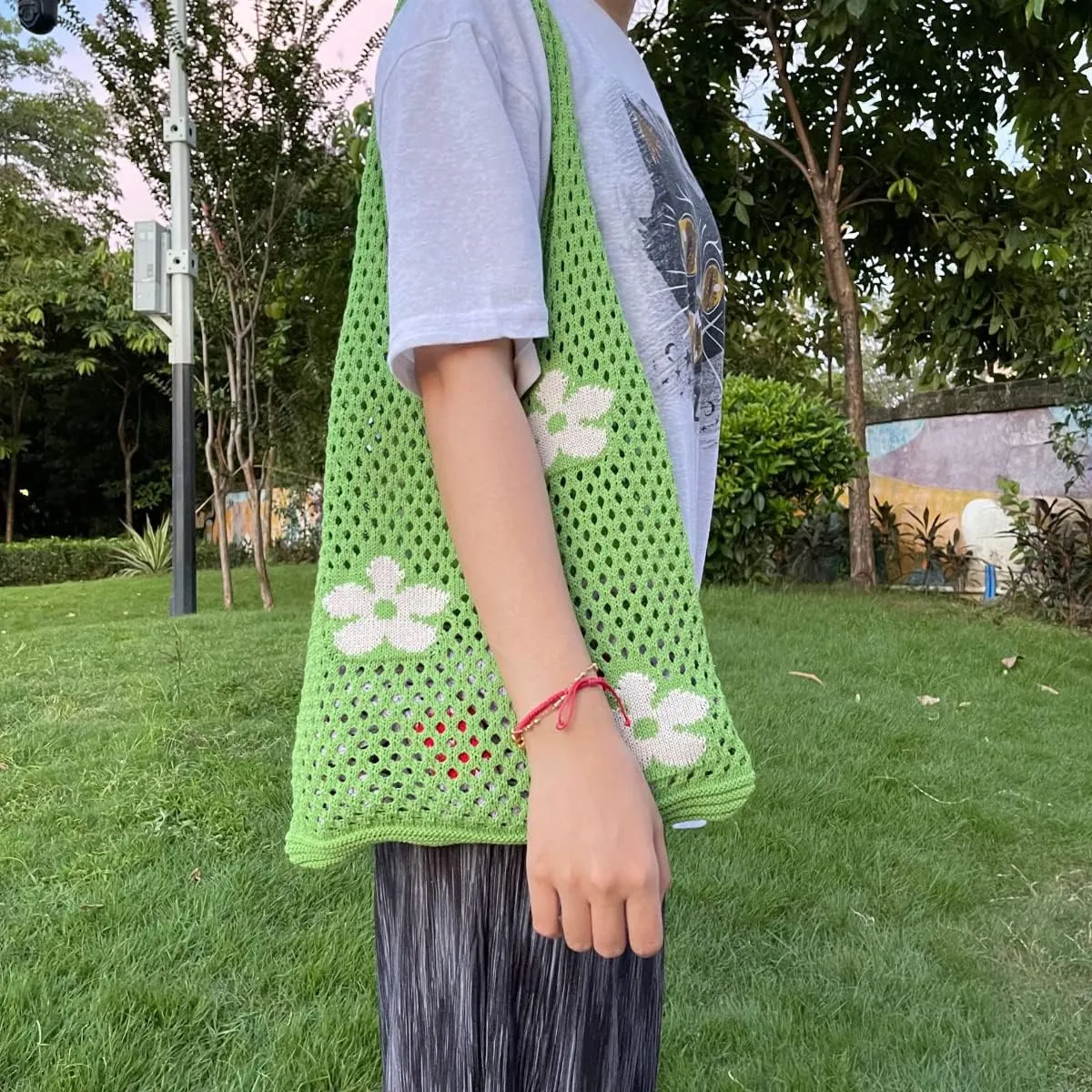 Fairycore Tote Bag Crochet Hobo Bag Y2K Aesthetic Flower Shoulder Bag Fairy Grunge Hollow Out Alt Purse Accessories