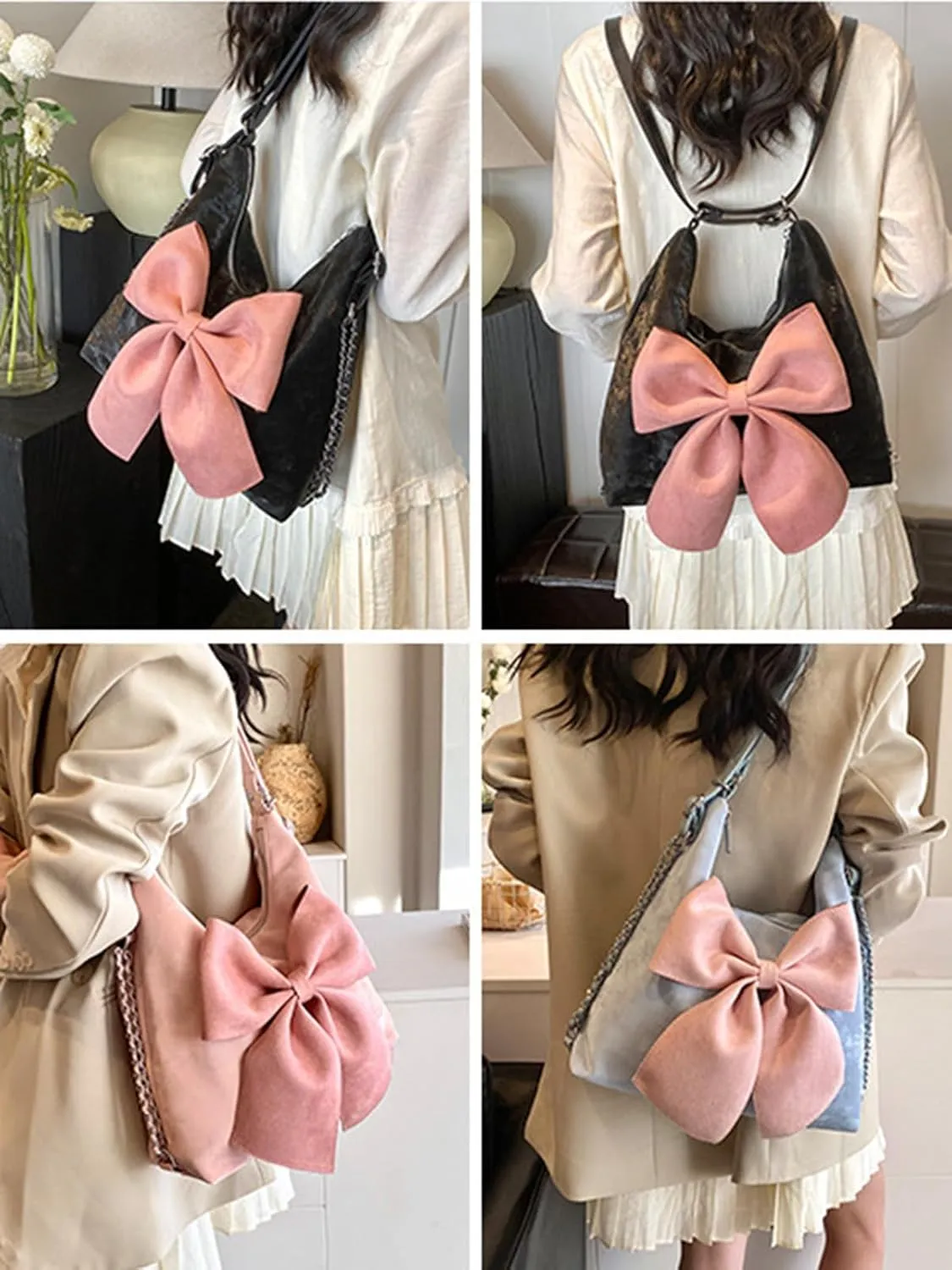 Fashion Hobo Crossbody Bags for Women Sweet Bow PU Leather Shoulder Bag Tote Handbags Small Backpack Purse