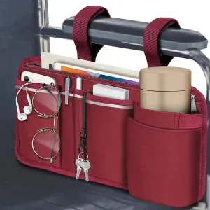 FINPAC Wheelchair Side Storage Bag w/Cup Holder, Wheelchair Armrest Accessories Pouch with Pen Slot and Reflective Strips for Power Walkers, Rollators, Seniors - Burgundy