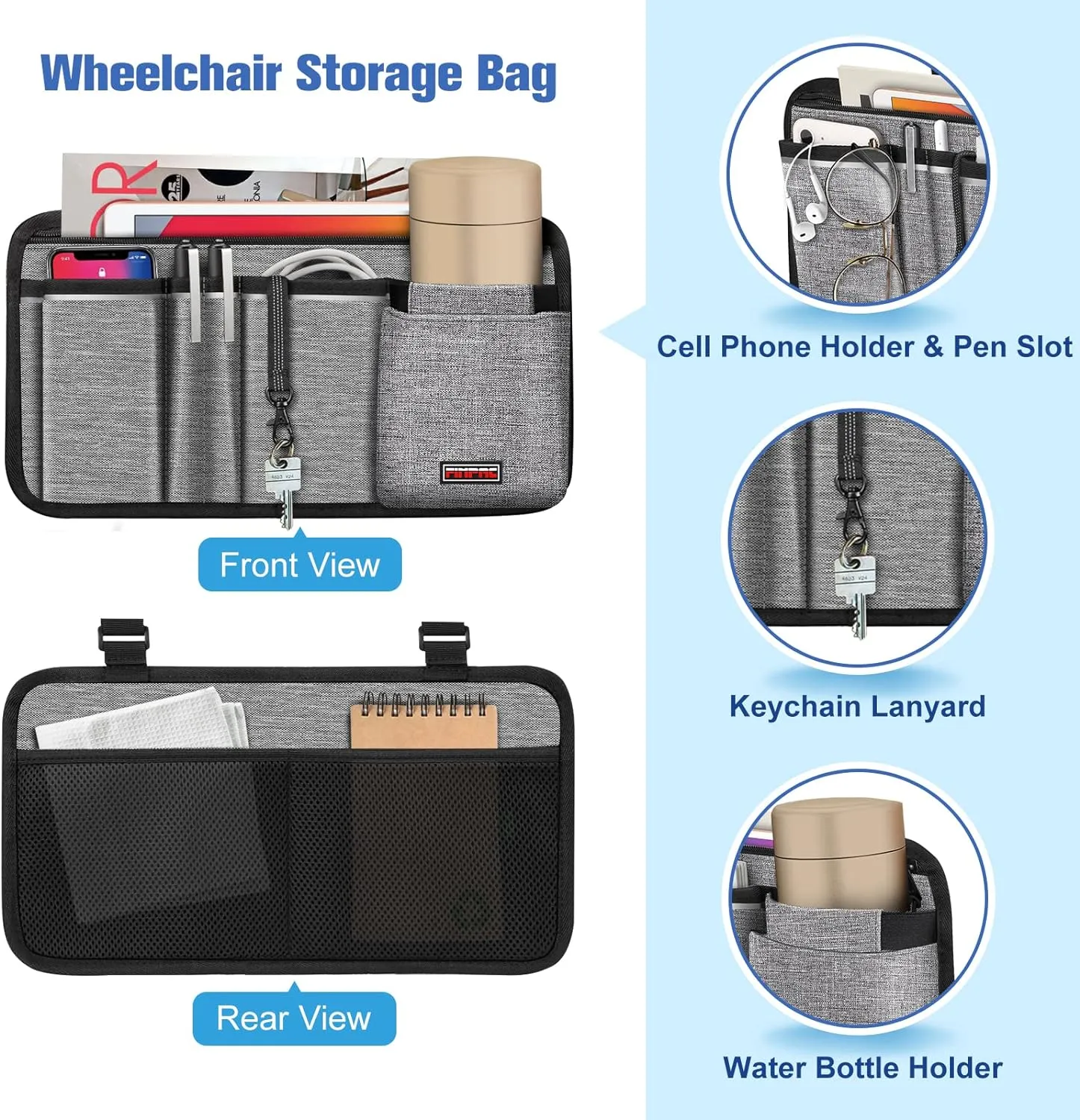 FINPAC Wheelchair Side Storage Bag w/Cup Holder, Wheelchair Armrest Accessories Pouch with Pen Slot and Reflective Strips for Power Walkers, Rollators, Seniors - Gray