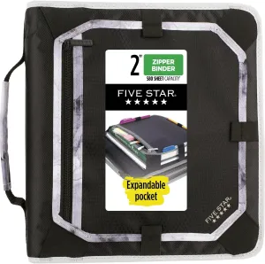 Five Star Zipper Binder, 2 Inch 3-Ring Binder with Round Rings, Expansion Panel and 5-Tab Expanding File, 580 Sheet Capacity, Black/Gray (29052IT8)
