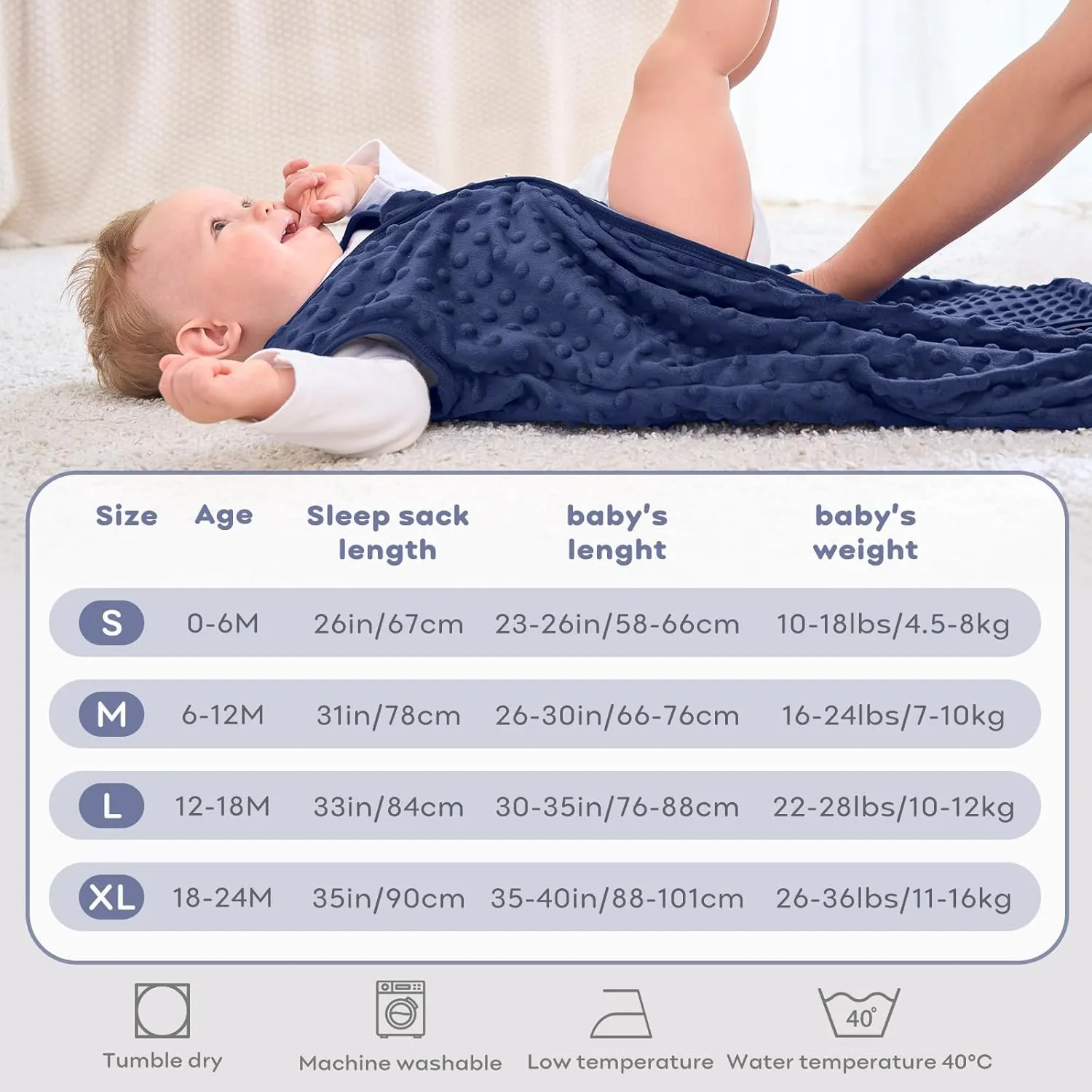 Fleece Baby Sleep Sack 6-12 Months, 1.5 TOG Cotton Baby Wearable Blanket With Soft Plush Dots, 2 Pack Newborn and Infant Warm Sleeping Sack with 2-Way Zipper Blue&Grey