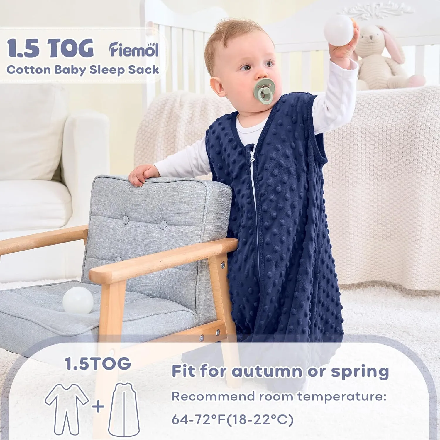 Fleece Baby Sleep Sack 6-12 Months, 1.5 TOG Cotton Baby Wearable Blanket With Soft Plush Dots, 2 Pack Newborn and Infant Warm Sleeping Sack with 2-Way Zipper Blue&Grey