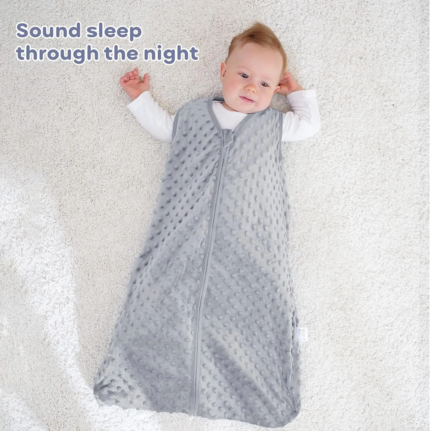 Fleece Baby Sleep Sack 6-12 Months, 1.5 TOG Cotton Baby Wearable Blanket With Soft Plush Dots, 2 Pack Newborn and Infant Warm Sleeping Sack with 2-Way Zipper Blue&Grey