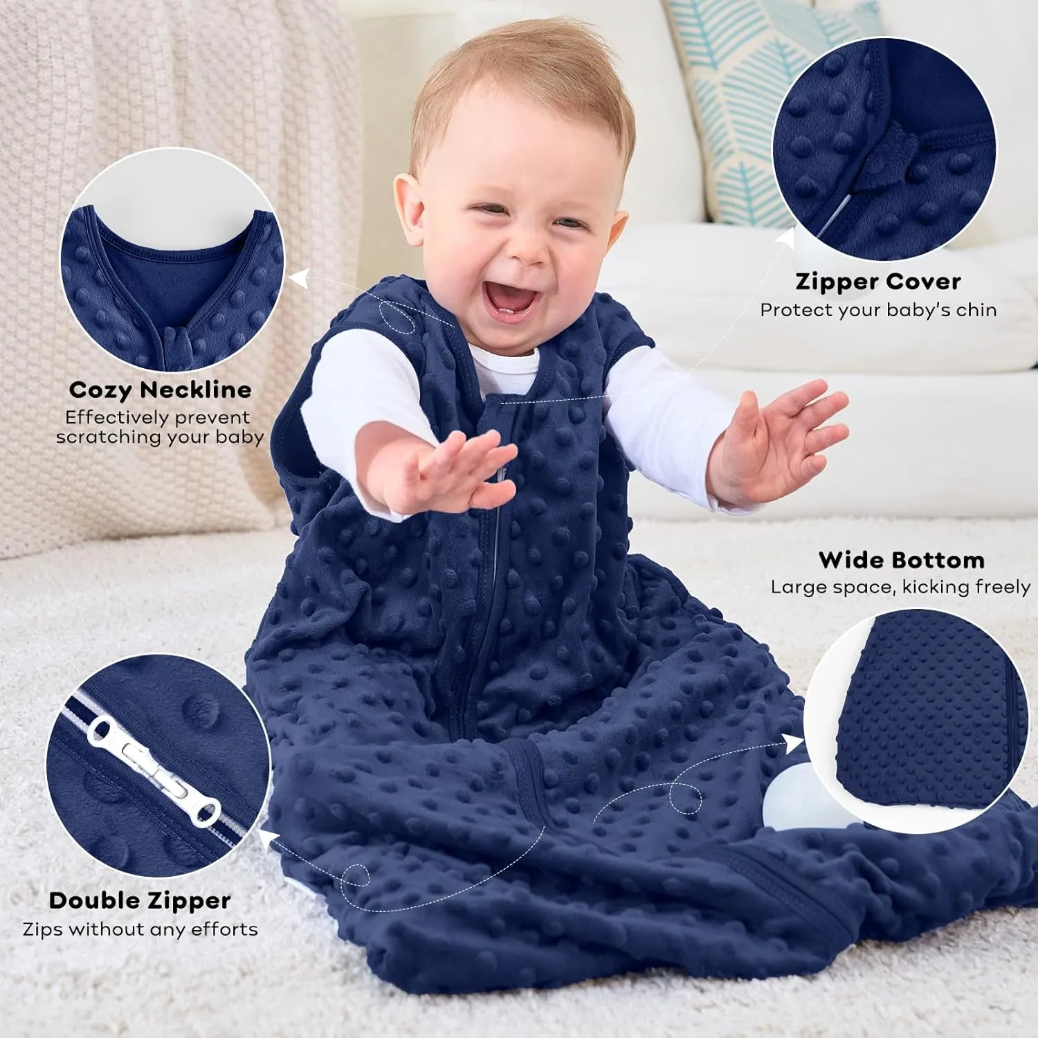 Fleece Baby Sleep Sack 6-12 Months, 1.5 TOG Cotton Baby Wearable Blanket With Soft Plush Dots, 2 Pack Newborn and Infant Warm Sleeping Sack with 2-Way Zipper Blue&Grey