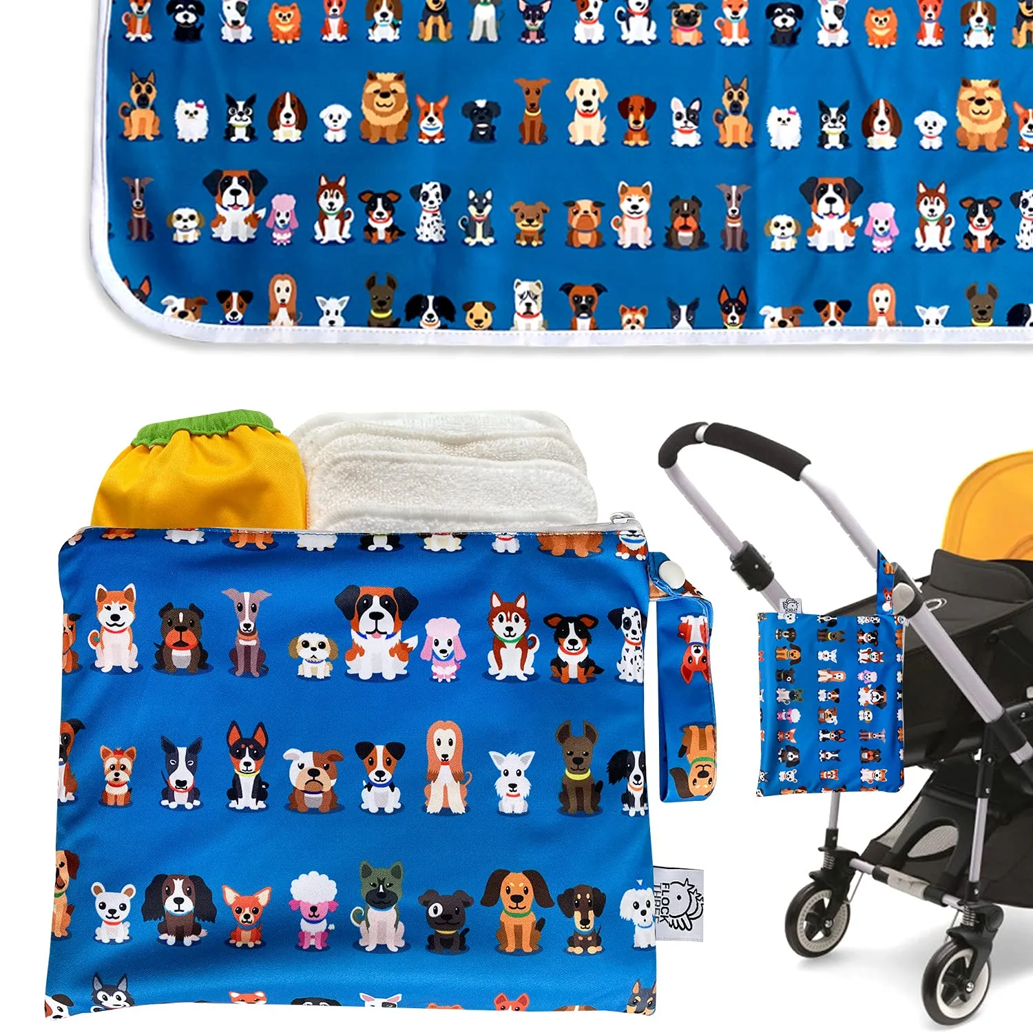 Flockthree Waterproof Baby Changing Pad with Storage Bag (43.3" X 28.7") Washable Wipeable Reusable Leak Proof Diaper Travel Mat Station Changing Mattress Liner Cribs Bed Cover, Dog Family