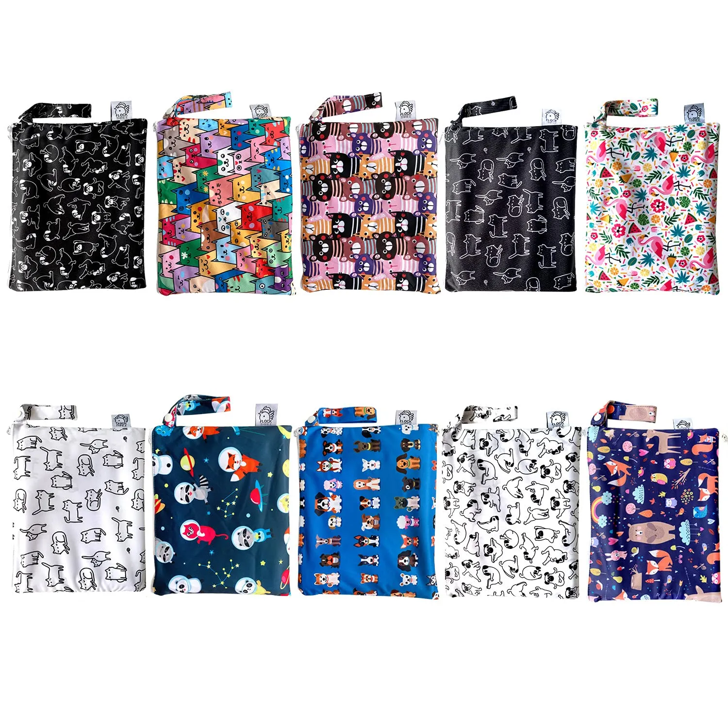 Flockthree Waterproof Baby Changing Pad with Storage Bag (43.3" X 28.7") Washable Wipeable Reusable Leak Proof Diaper Travel Mat Station Changing Mattress Liner Cribs Bed Cover, Dog Family