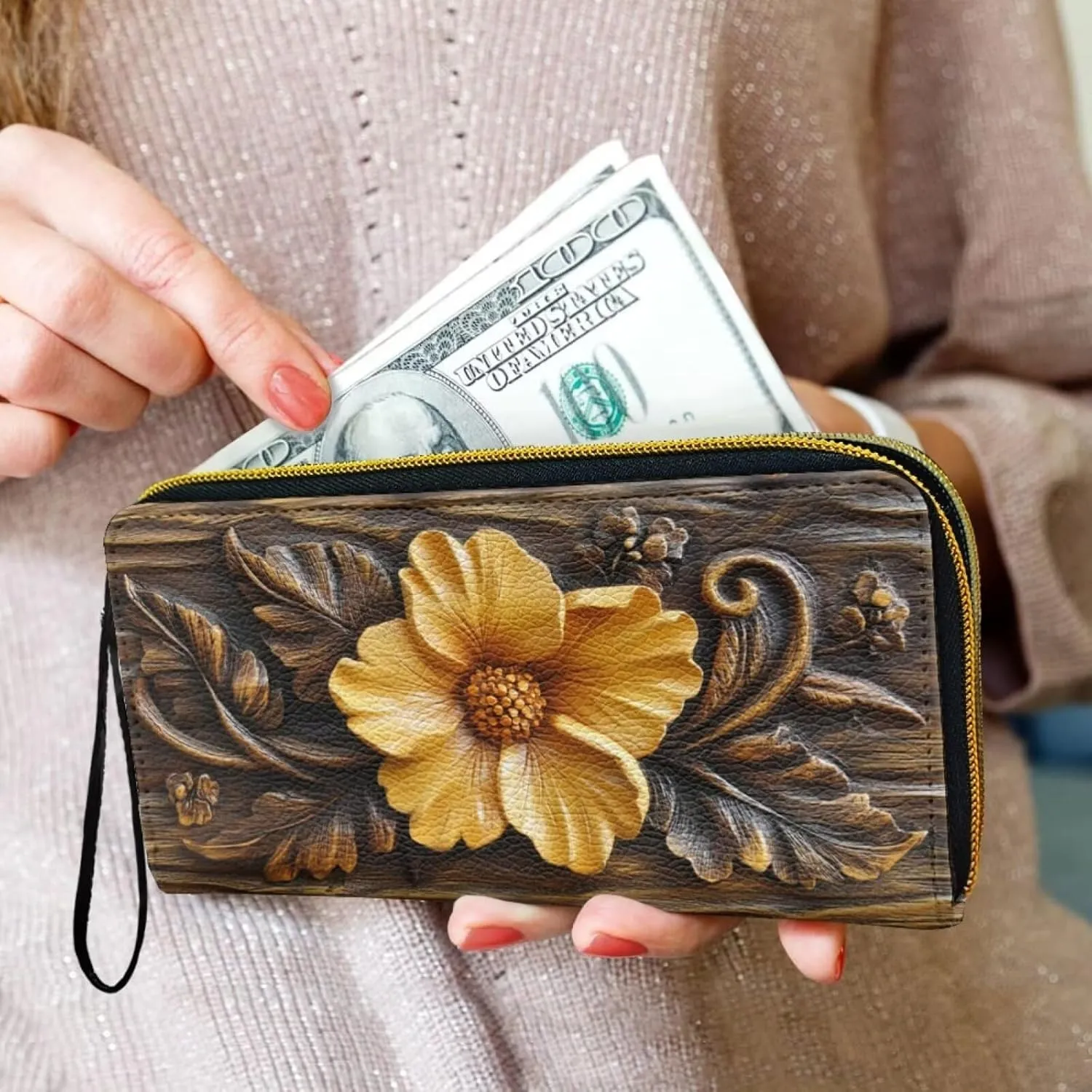 Floral Print Women's Wristlet Handbags Leather Zip Around Wallet for Women, Long Clutch Purse Casual Slim Wallet with Card Holder for Shopping Working Party, Bronze