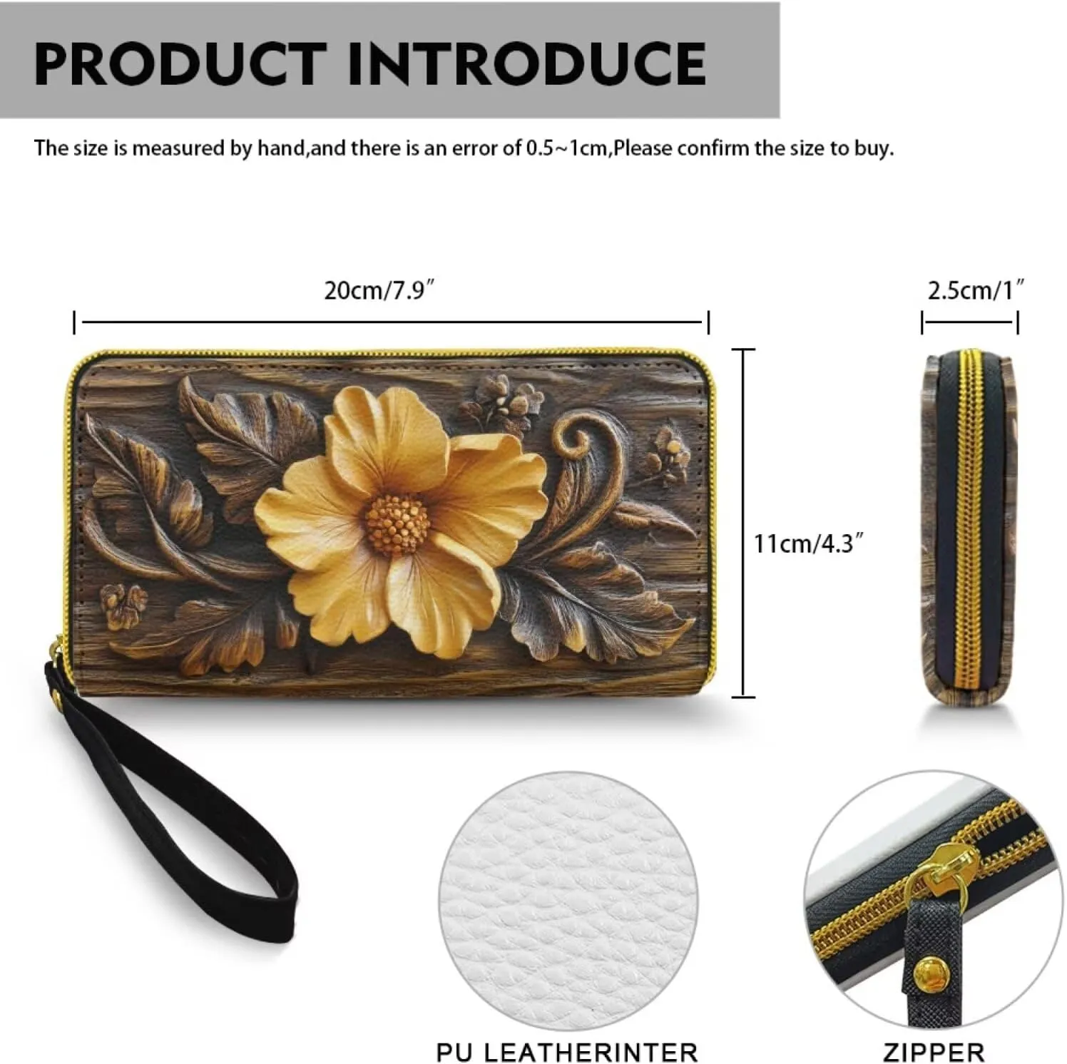 Floral Print Women's Wristlet Handbags Leather Zip Around Wallet for Women, Long Clutch Purse Casual Slim Wallet with Card Holder for Shopping Working Party, Bronze